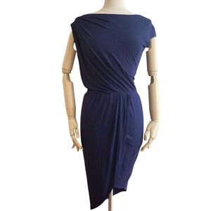 TART | Blue Ruched Asymmetrical Midi Cocktail Dress Size S Slit